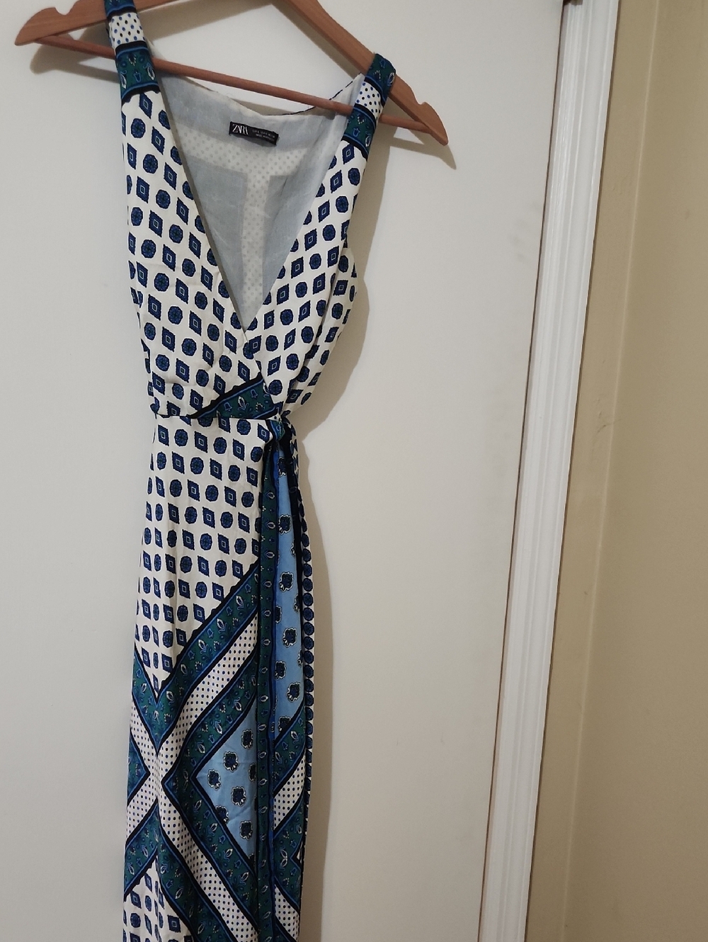 Zara White and Navy Printed Wrap Maxi Dress
